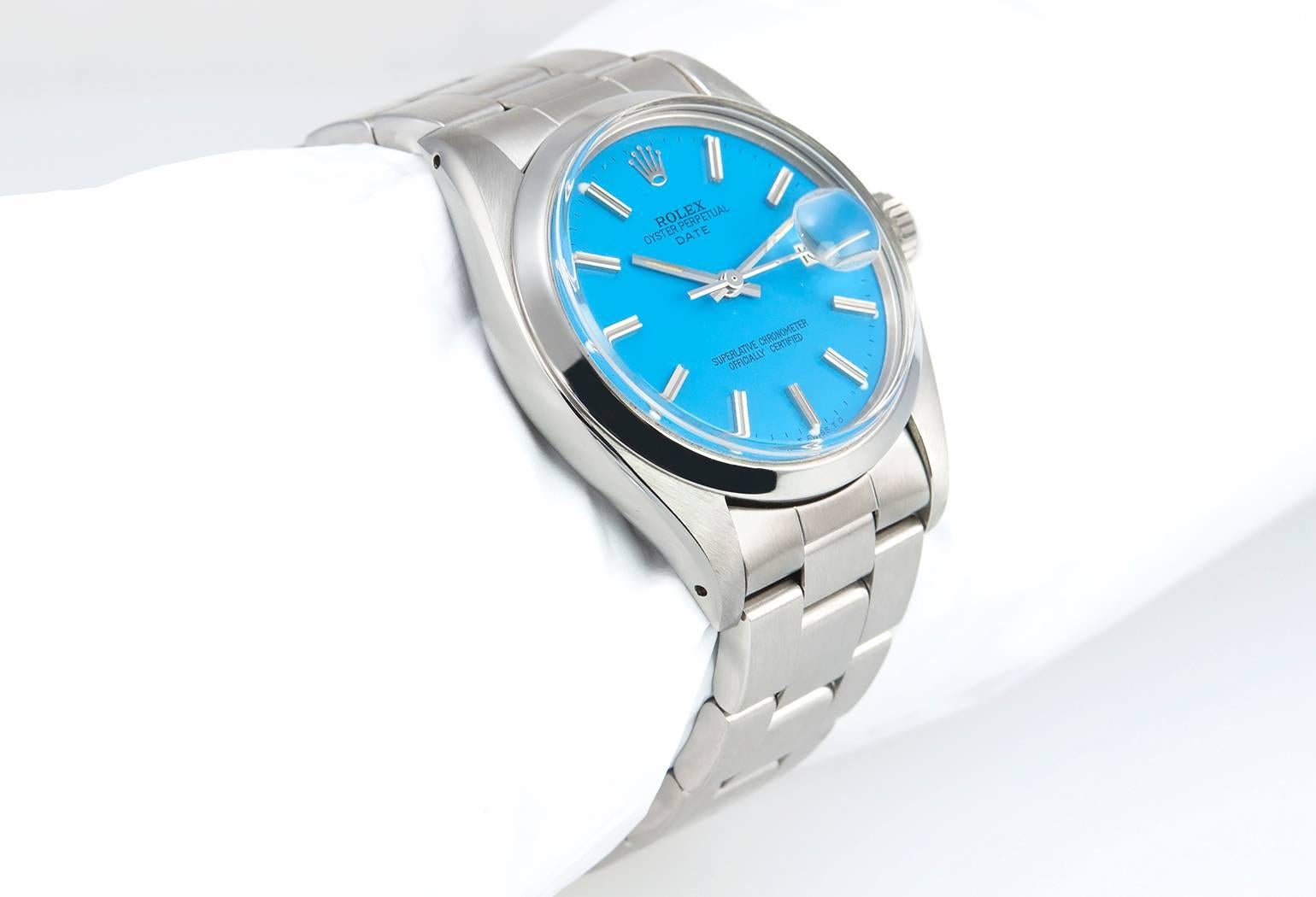 Rolex Stainless Steel Custom Blue Dial Oyster Date Wristwatch Ref 1500 In Excellent Condition In Los Angeles, CA