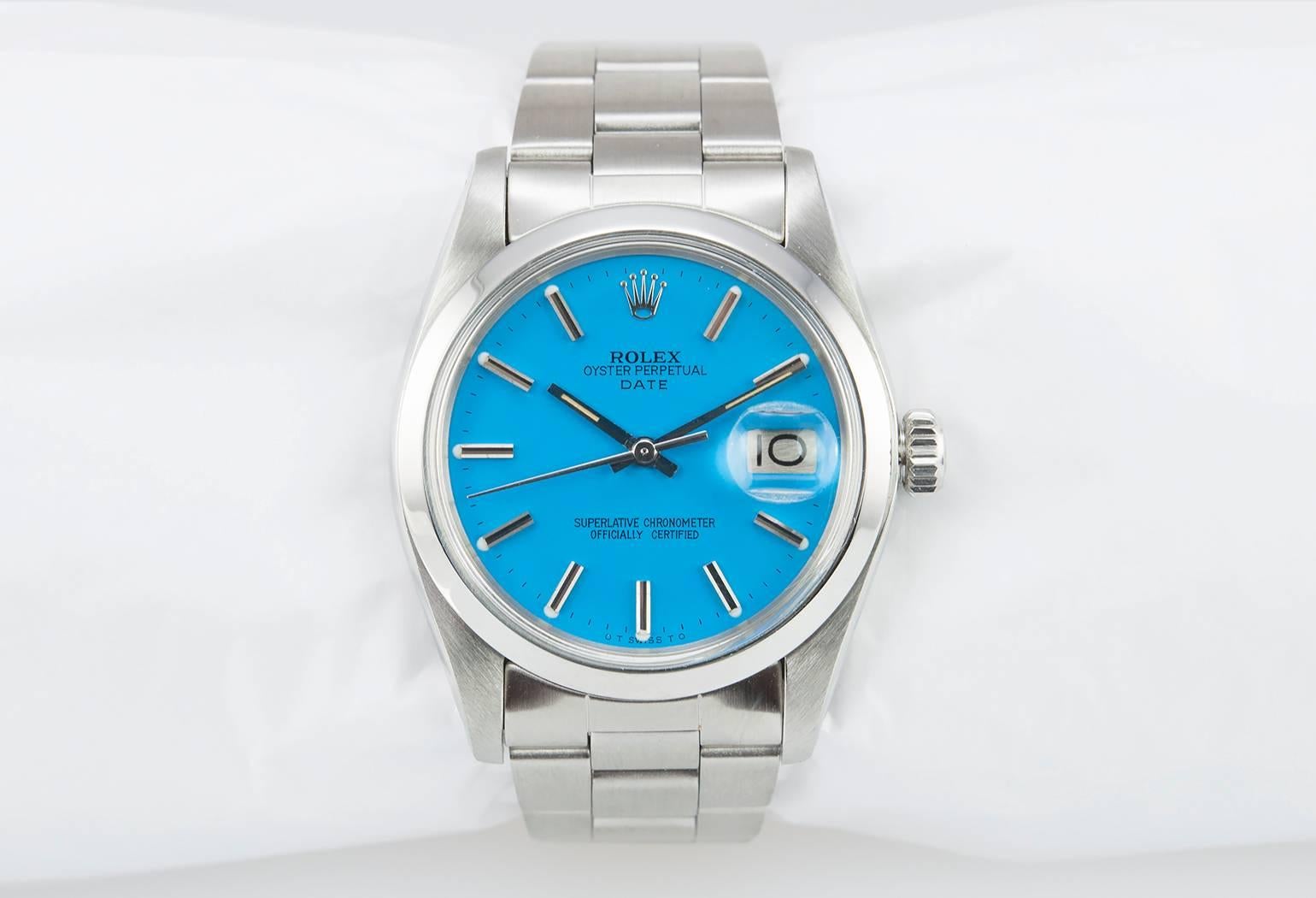 Women's or Men's Rolex Stainless Steel Custom Blue Dial Oyster Date Wristwatch Ref 1500