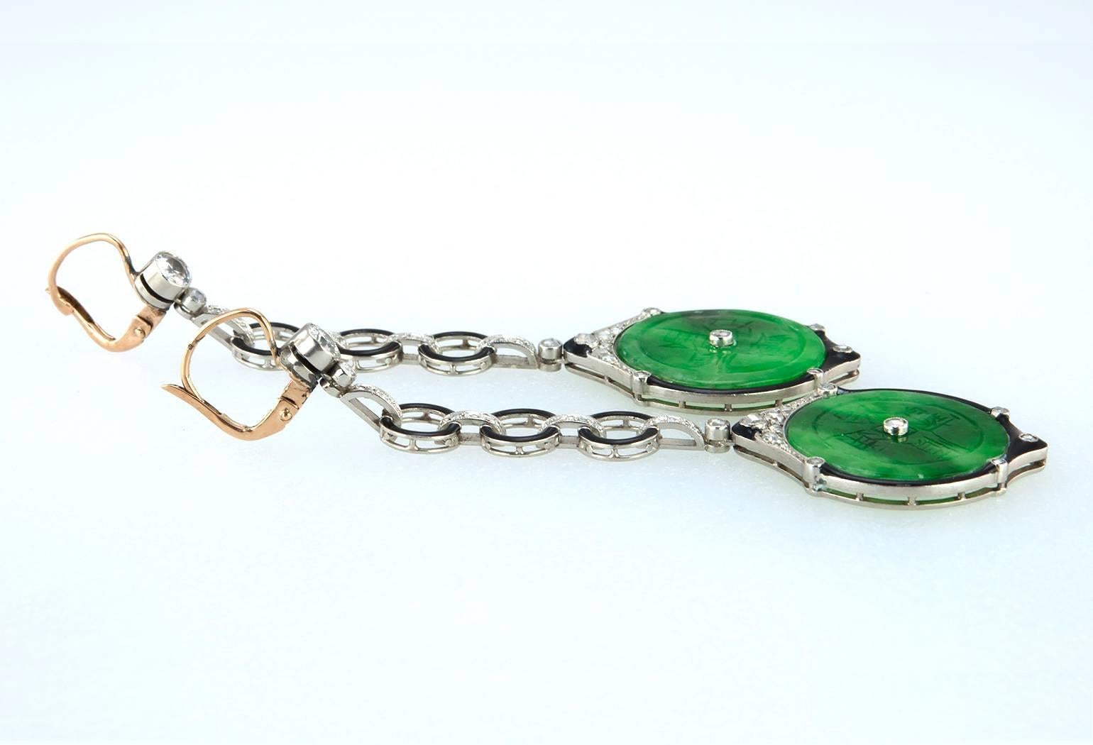 Edwardian Jade, Diamond and Enamel Dangle Earrings For Sale 3