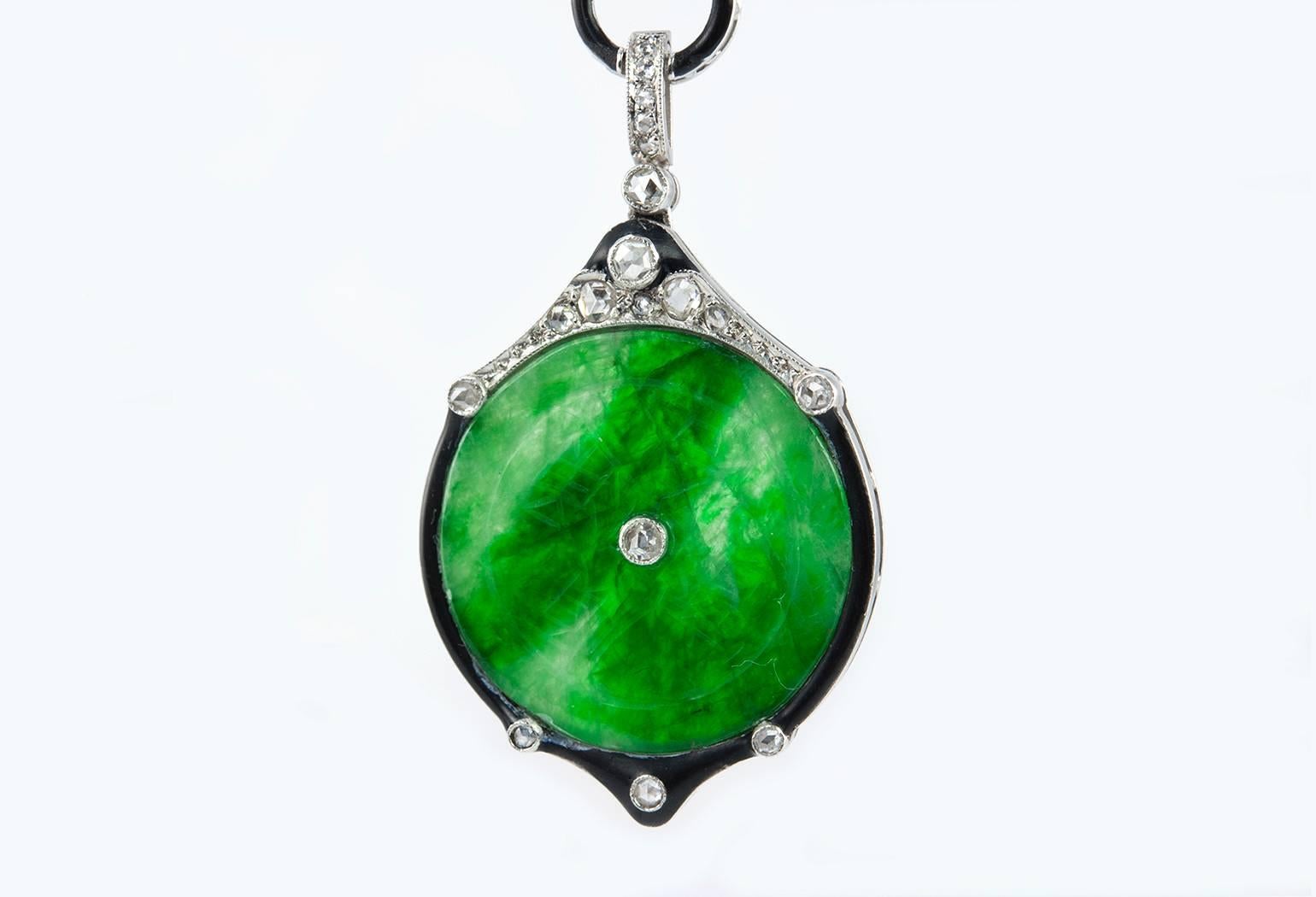 Edwardian Jade, Diamond and Enamel Dangle Earrings For Sale 1