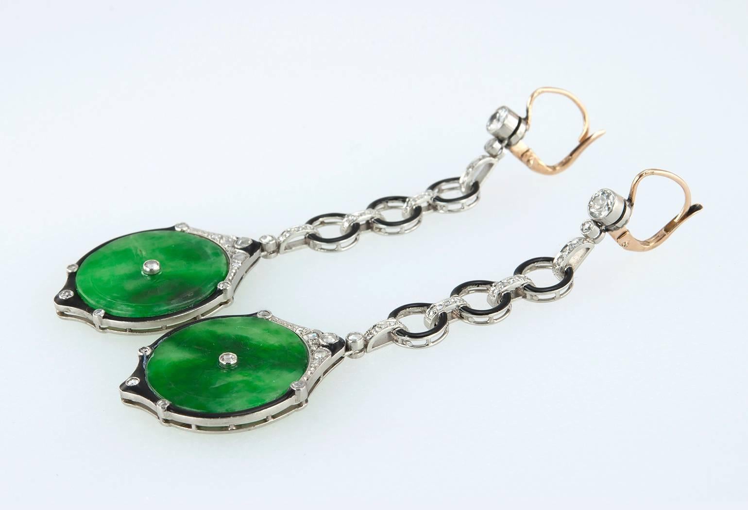 Edwardian Jade, Diamond and Enamel Dangle Earrings For Sale 2
