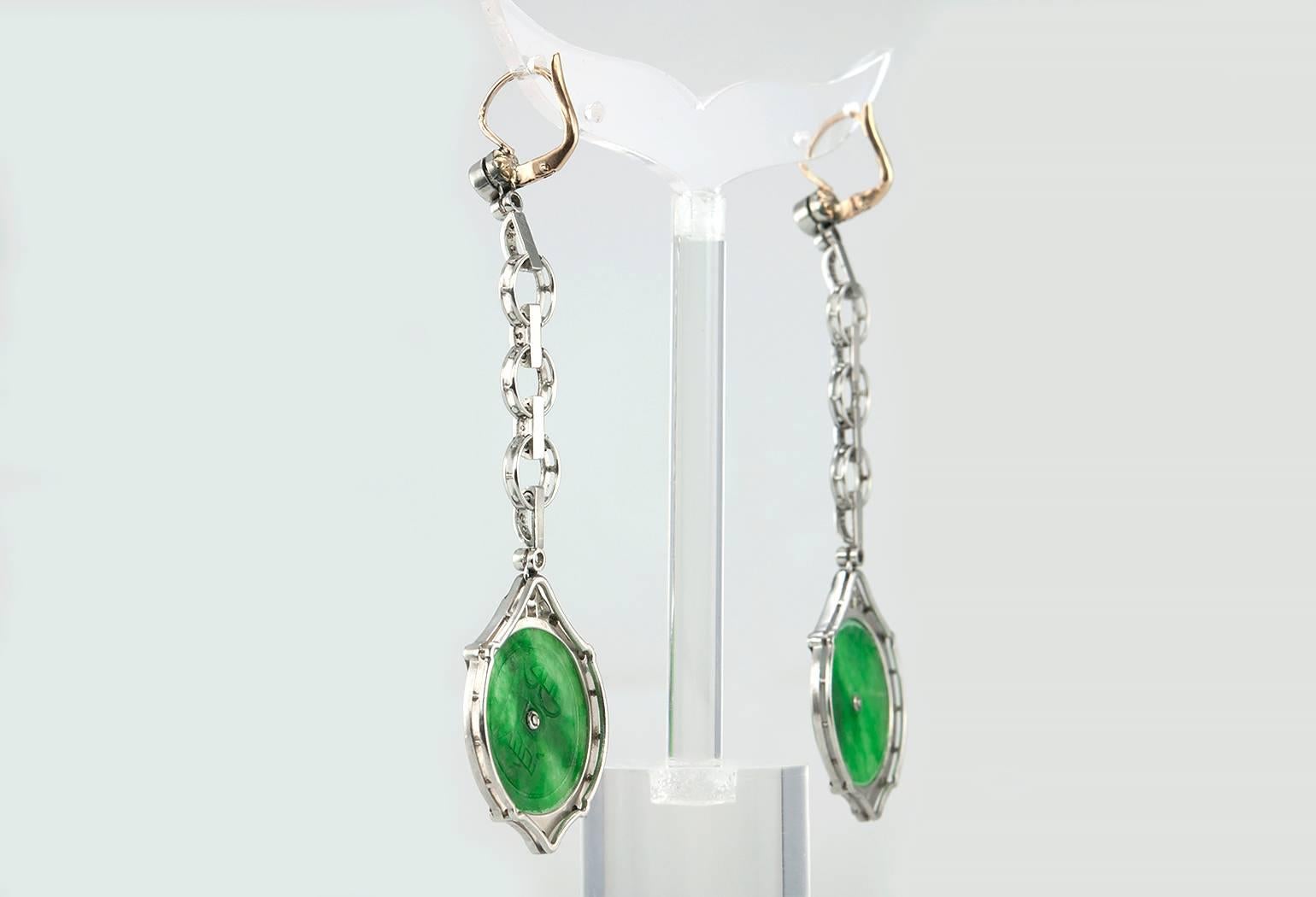Women's Edwardian Jade, Diamond and Enamel Dangle Earrings For Sale