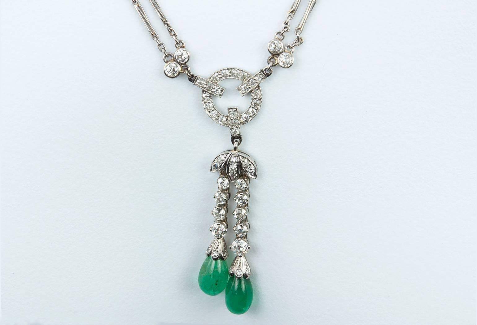 Women's Diamond and Emerald Platinum Necklace Circa 1920s For Sale