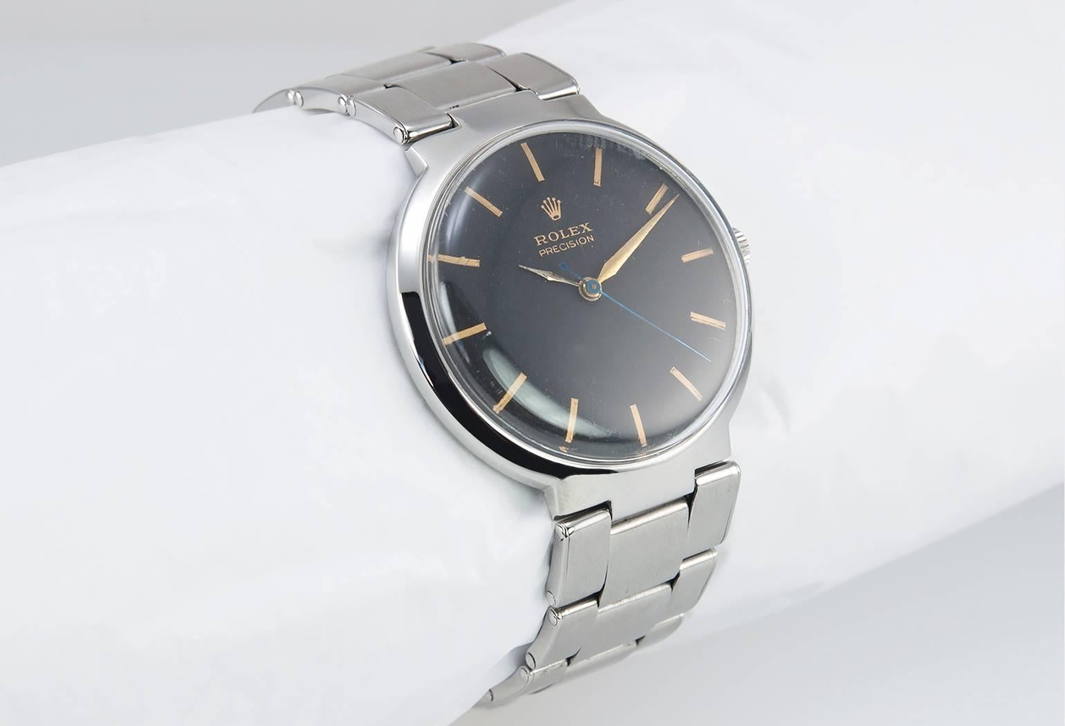 Rolex Steel Dress Model Wristwatch with Black Dial Ref 1210 In Excellent Condition In Los Angeles, CA