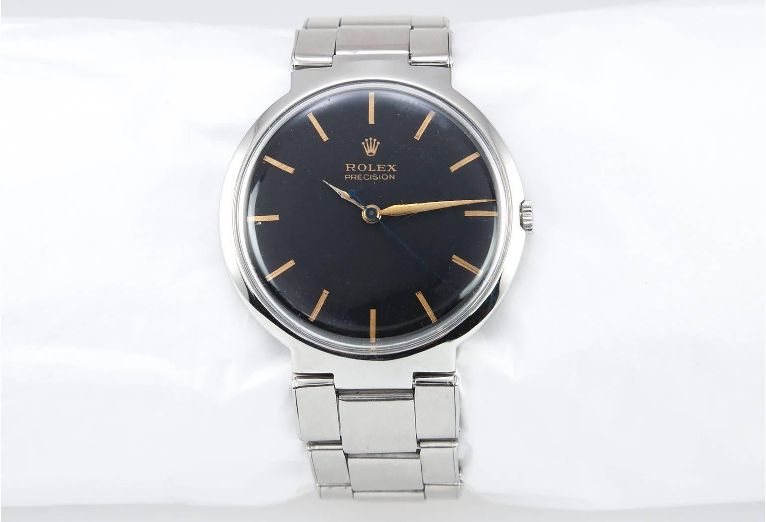 Women's or Men's Rolex Steel Dress Model Wristwatch with Black Dial Ref 1210