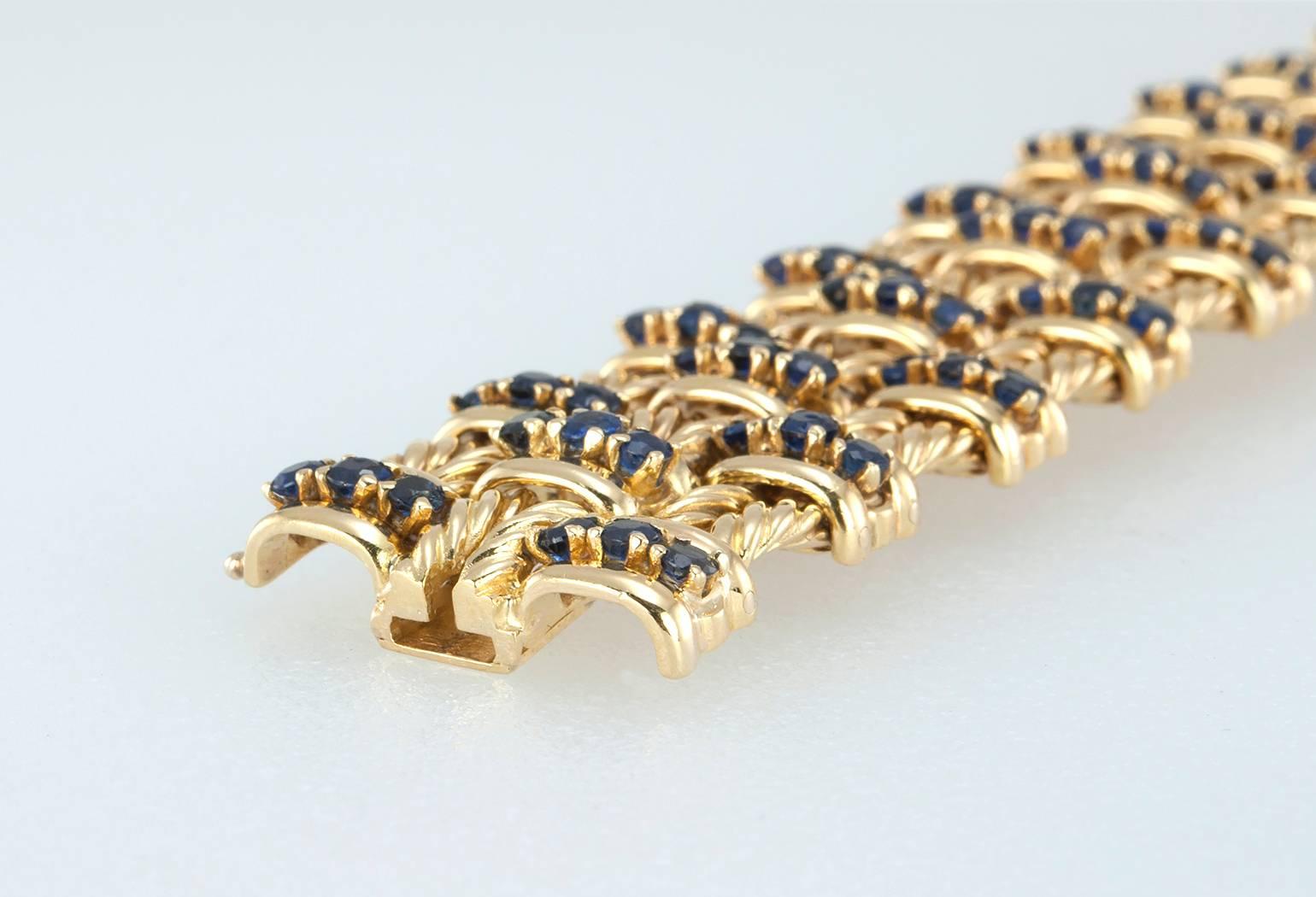 Sapphire and Gold Braided Wide Bracelet For Sale 2