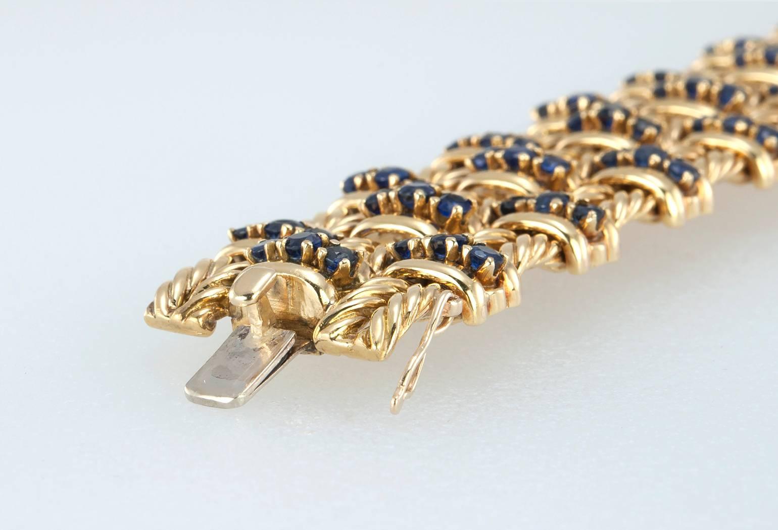 Sapphire and Gold Braided Wide Bracelet For Sale 3