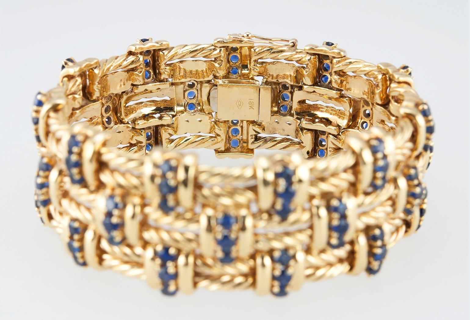 Women's Sapphire and Gold Braided Wide Bracelet For Sale