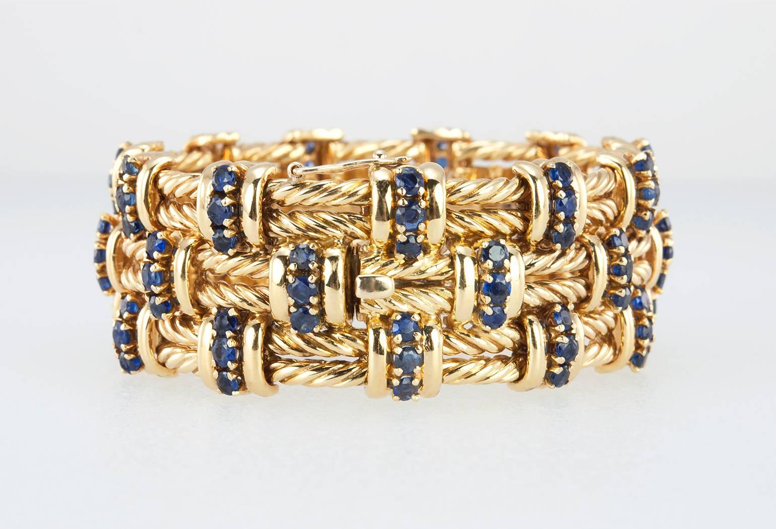Sapphire and Gold Braided Wide Bracelet In Excellent Condition For Sale In Los Angeles, CA