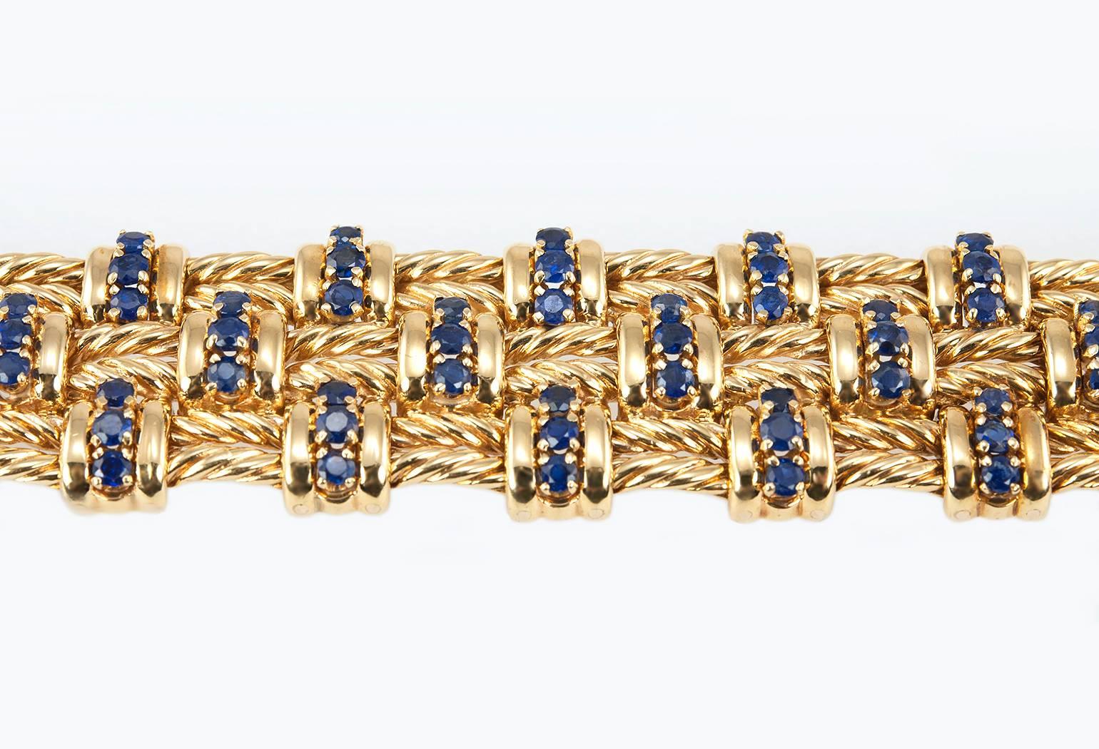 Sapphire and Gold Braided Wide Bracelet For Sale 1