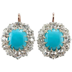 Victorian Diamond Turquoise Cluster Earrings