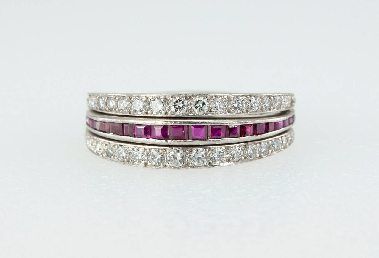 Women's Art Deco Ruby Sapphire Diamond Platinum Flip Ring