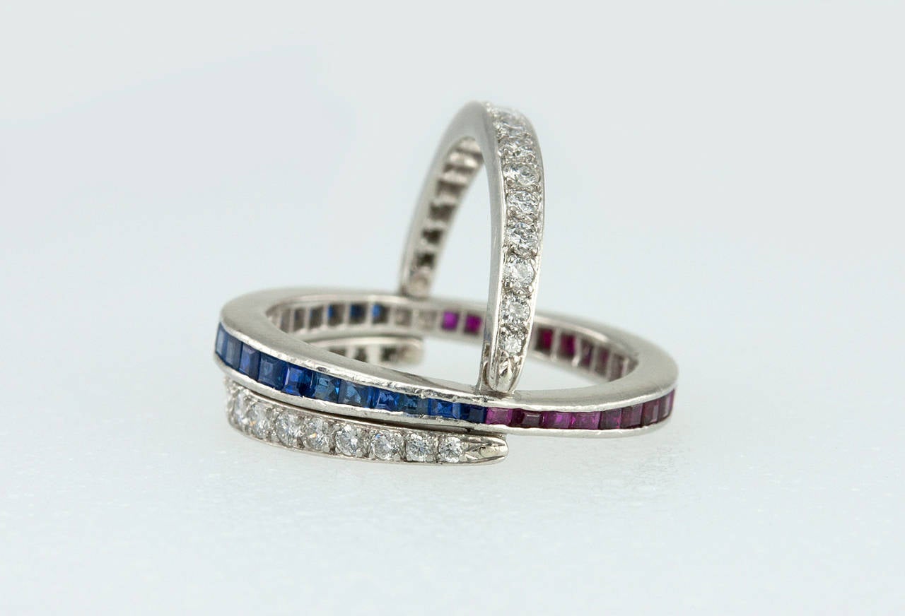 Art Deco Ruby Sapphire Diamond Platinum Flip Ring In Excellent Condition In Los Angeles, CA