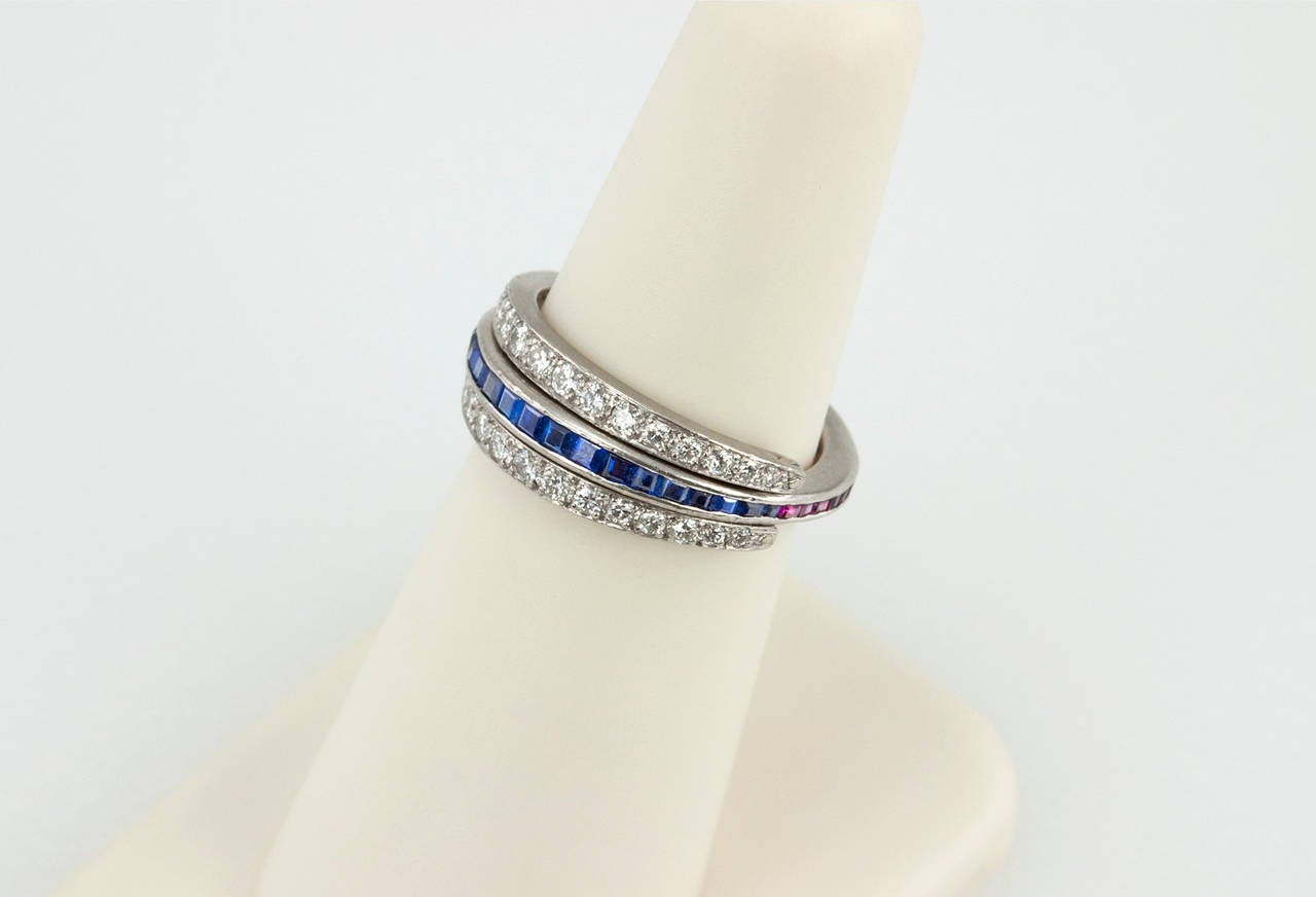 Art Deco Ruby Sapphire Diamond Platinum Flip Ring 4