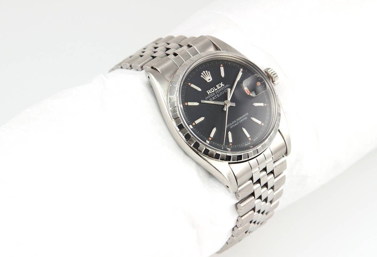 Rolex Stainless Steel Black Dial Datejust Wristwatch Ref 6605 In Good Condition In Los Angeles, CA