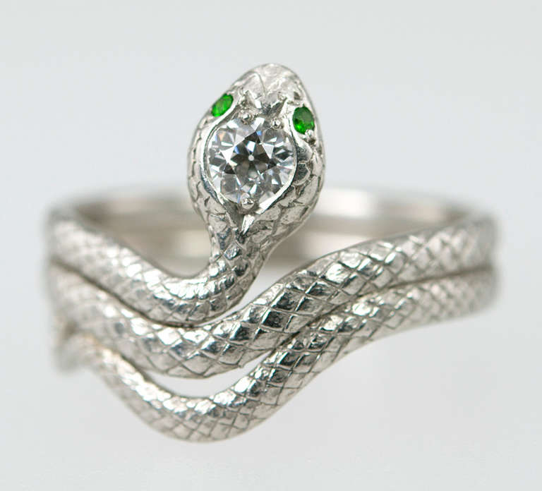 Women's or Men's Deco Diamond and Demantoid Snake Ring