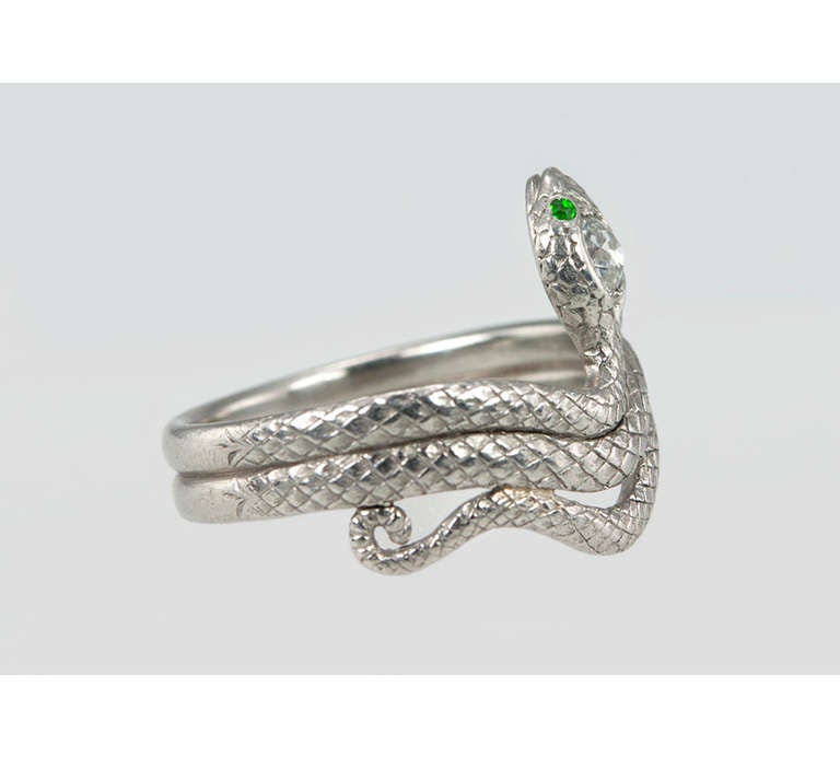 Deco Diamond and Demantoid Snake Ring In Good Condition In Los Angeles, CA