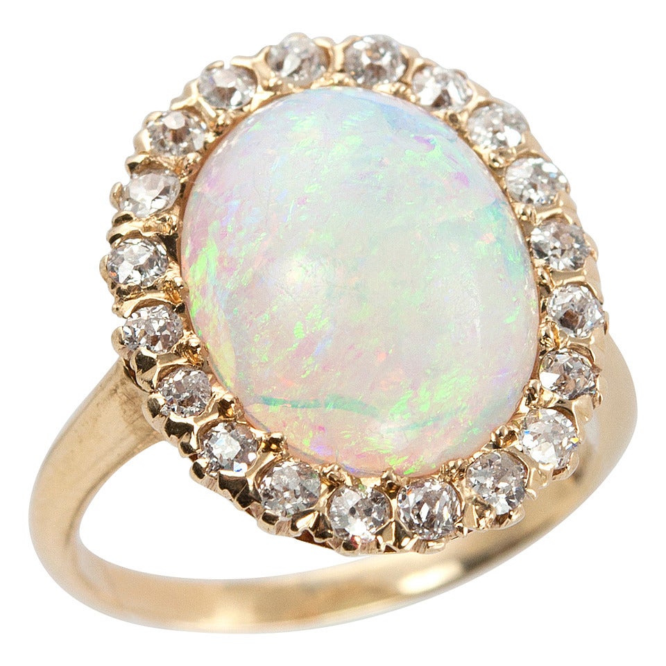 Victorian Opal Diamond Gold Cluster Ring Circa 1900s