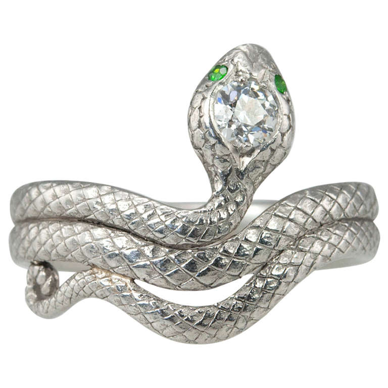 Deco Diamond and Demantoid Snake Ring