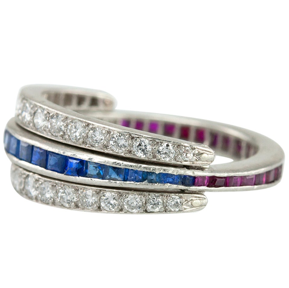 Art Deco Ruby Sapphire Diamond Platinum Flip Ring