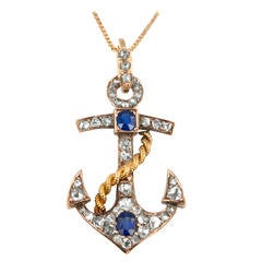 Victorian Sapphire Diamond Gold Anchor Pendant