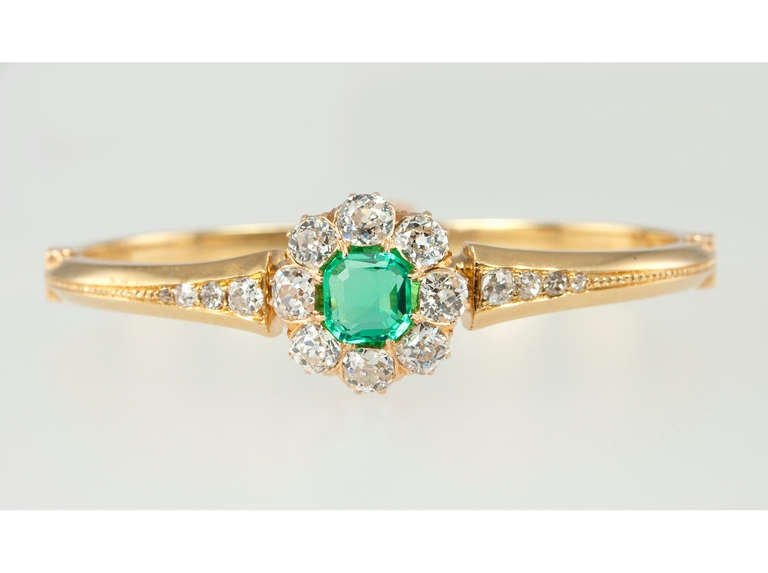 Victorian Emerald Diamond Cluster Bangle For Sale 1
