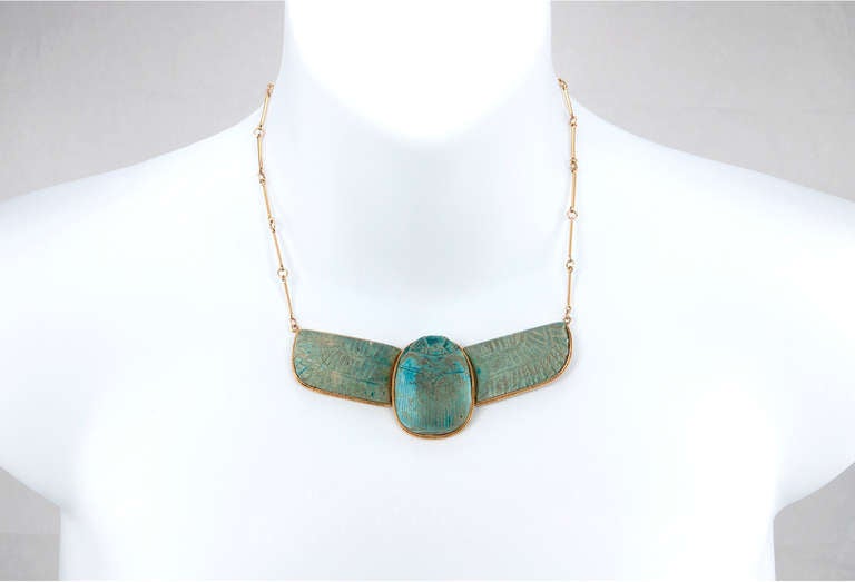 Victorian Egyptian Revival Faience Winged Scarab Necklace
