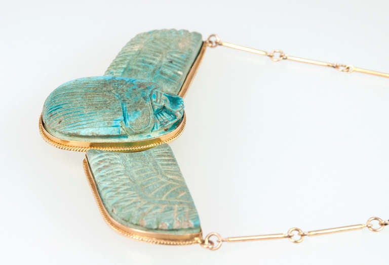 Egyptian Revival Faience Winged Scarab Necklace 1