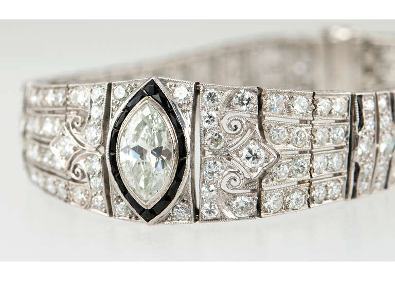 Women's Art Deco Onyx Marquise Diamond Link Bracelet For Sale