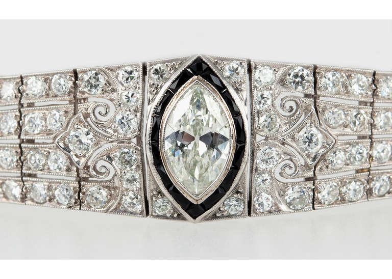 Art Deco Onyx Marquise Diamond Link Bracelet For Sale 1