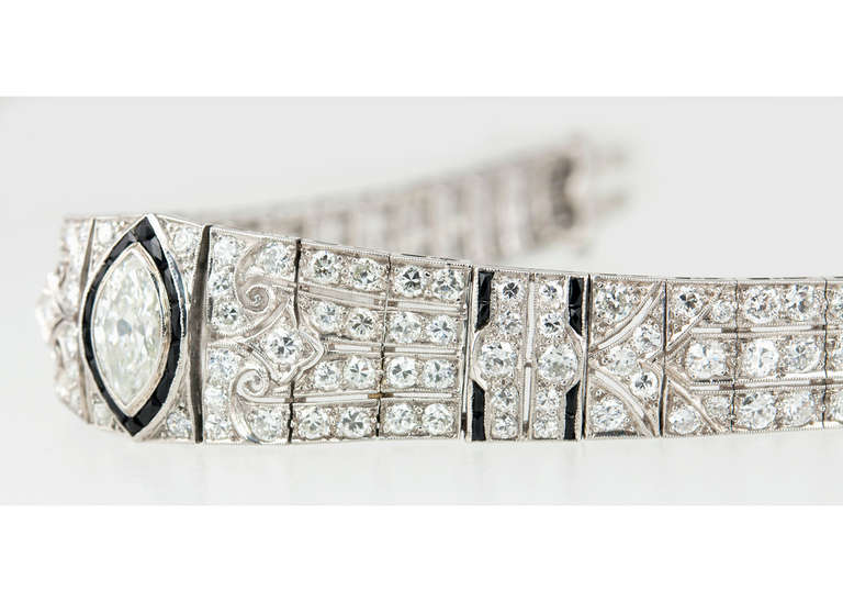Art Deco Onyx Marquise Diamond Link Bracelet For Sale 2