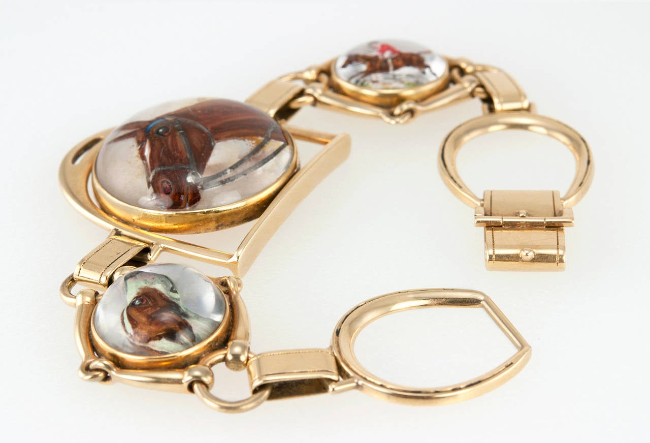 Victorian Equestrian Reverse Crystal Intaglio Gold Bracelet For Sale 4