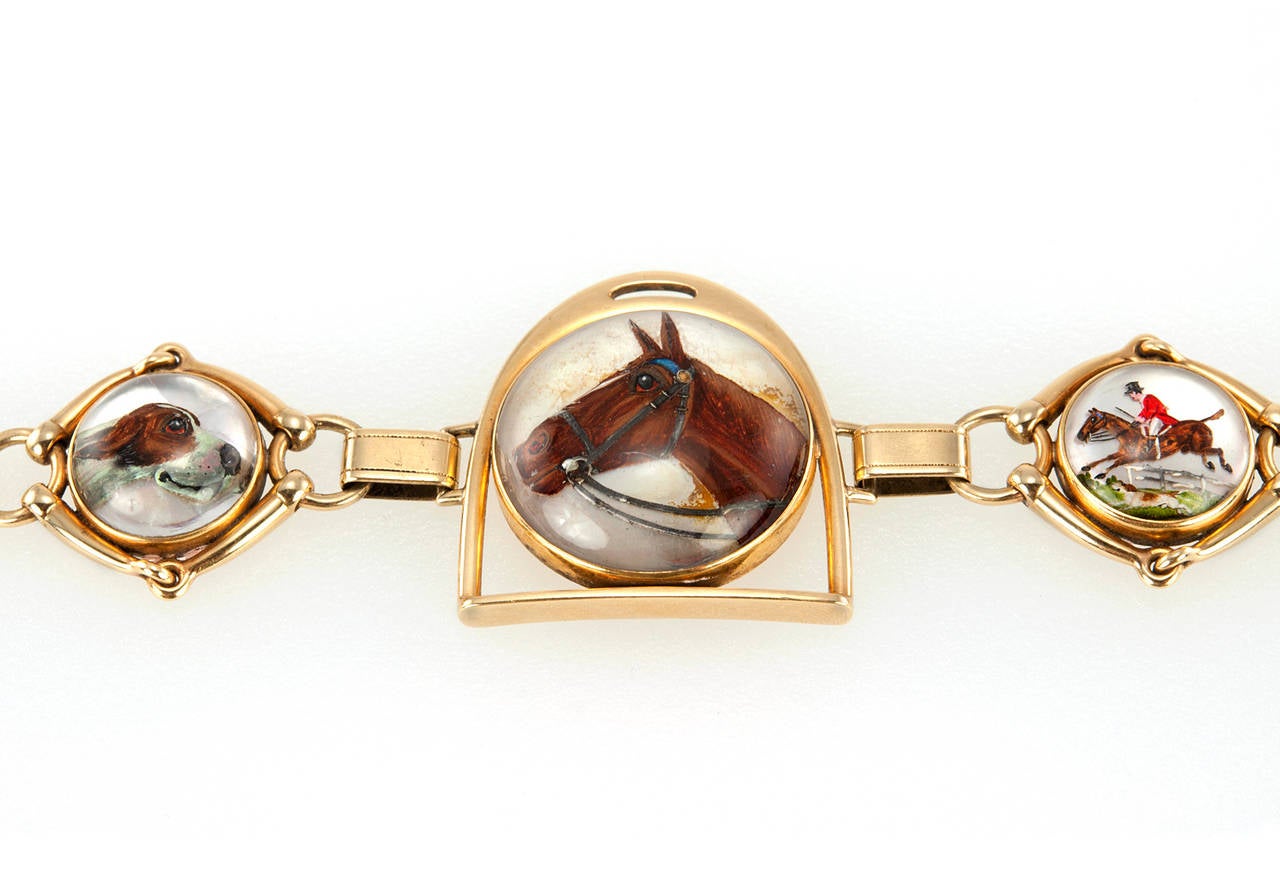 Victorian Equestrian Reverse Crystal Intaglio Gold Bracelet In Good Condition For Sale In Los Angeles, CA