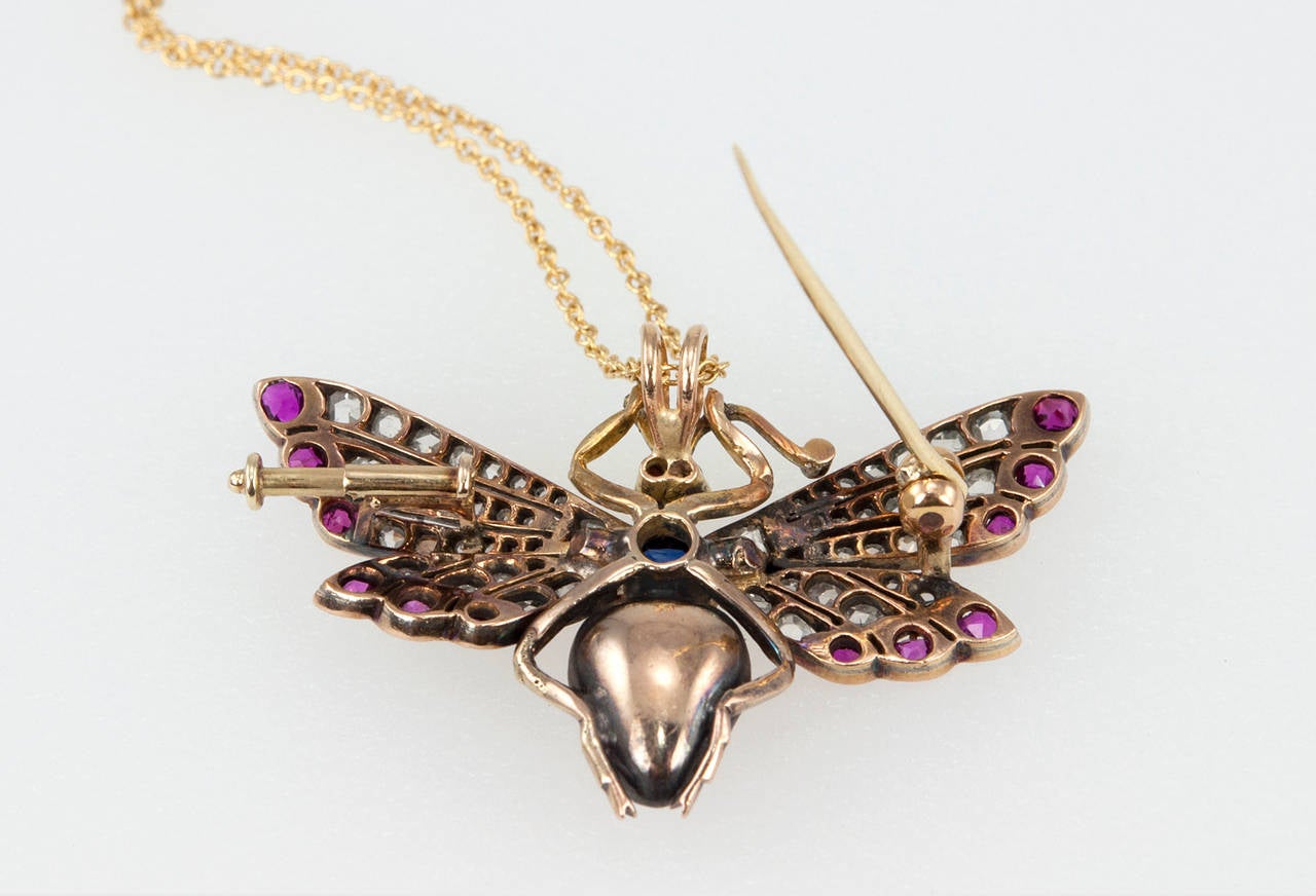 Victorian Ruby Sapphire Diamond Silver Gold Butterfly Necklace For Sale 5