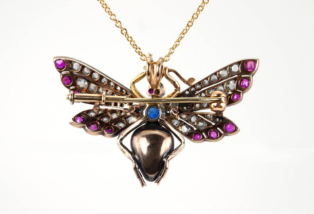 Victorian Ruby Sapphire Diamond Silver Gold Butterfly Necklace For Sale 4