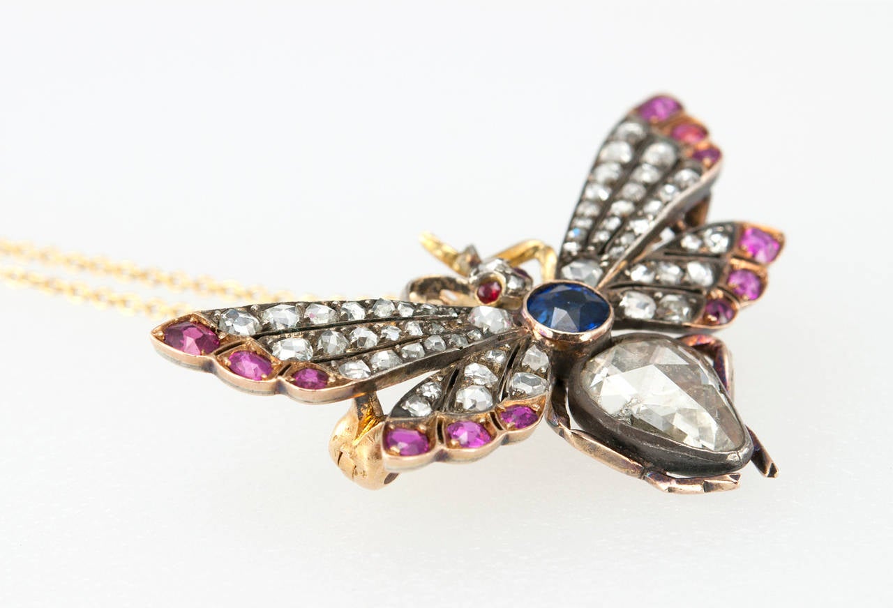 Victorian Ruby Sapphire Diamond Silver Gold Butterfly Necklace In Good Condition For Sale In Los Angeles, CA
