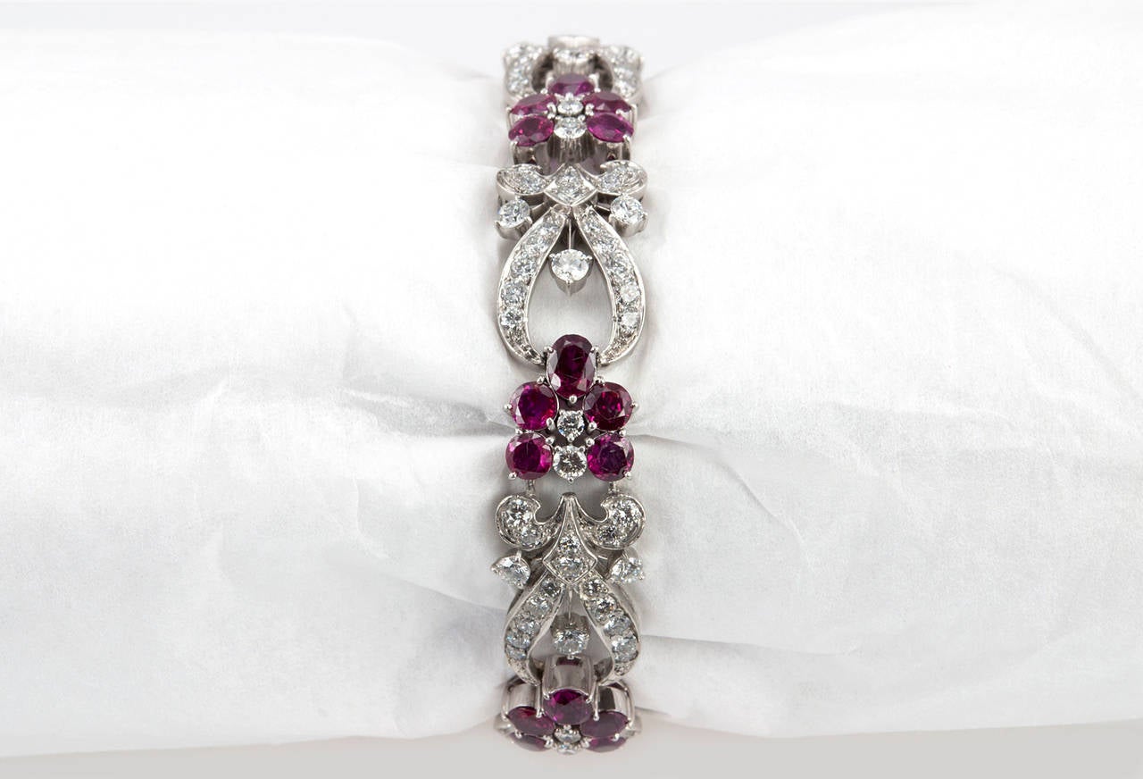 1940s Tiffany & Co. Ruby Diamond Palladium Floral Bracelet For Sale 1