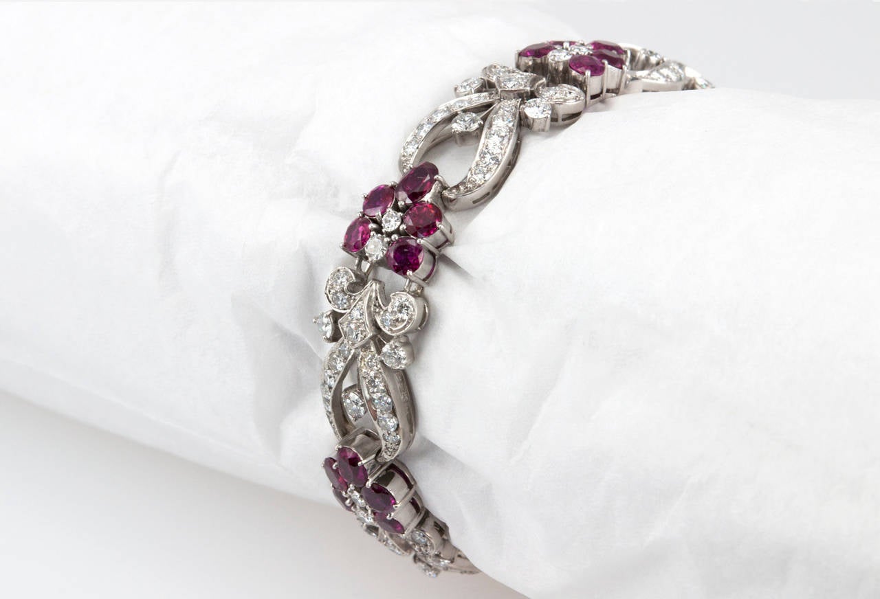 Women's 1940s Tiffany & Co. Ruby Diamond Palladium Floral Bracelet For Sale