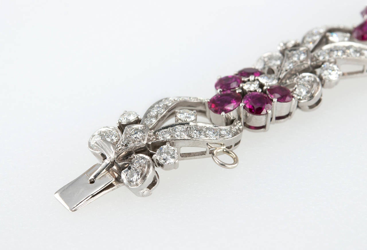 1940s Tiffany & Co. Ruby Diamond Palladium Floral Bracelet For Sale 2