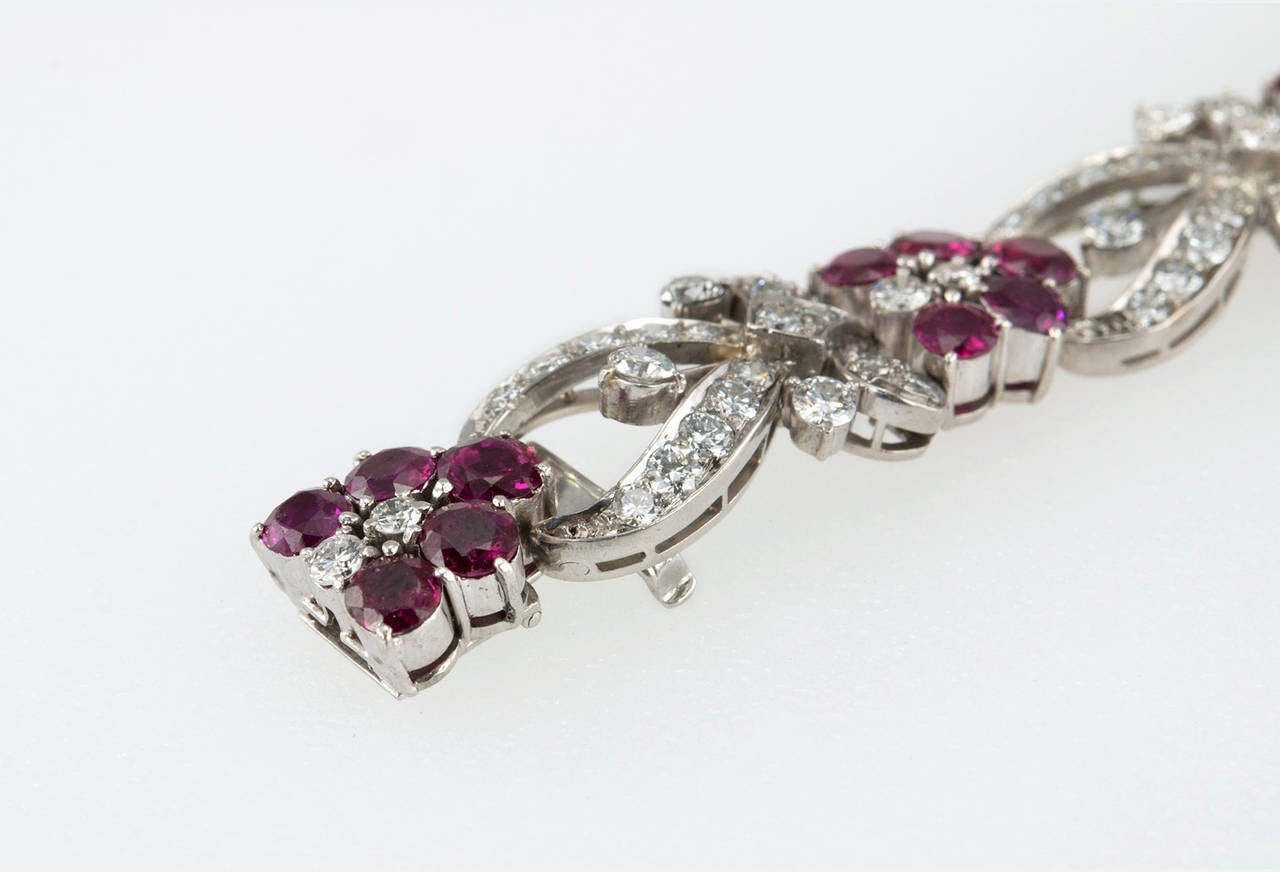 1940s Tiffany & Co. Ruby Diamond Palladium Floral Bracelet For Sale 3