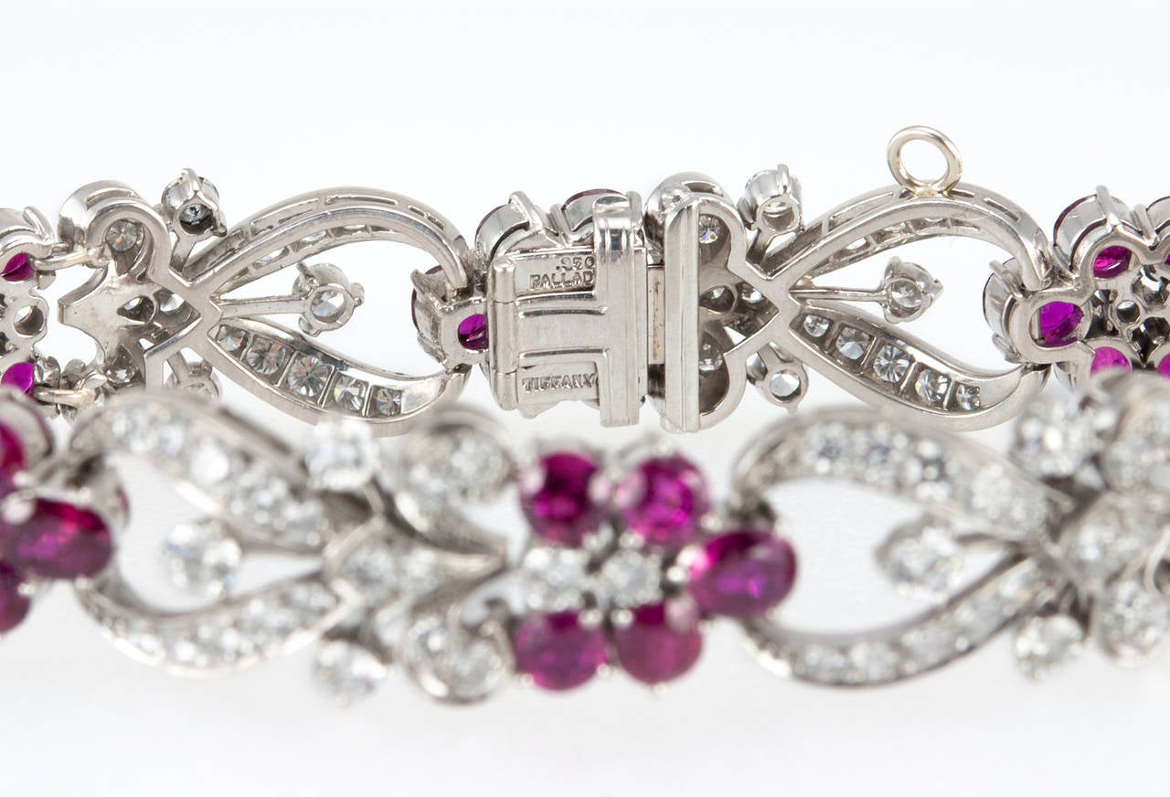 1940s Tiffany & Co. Ruby Diamond Palladium Floral Bracelet For Sale 4