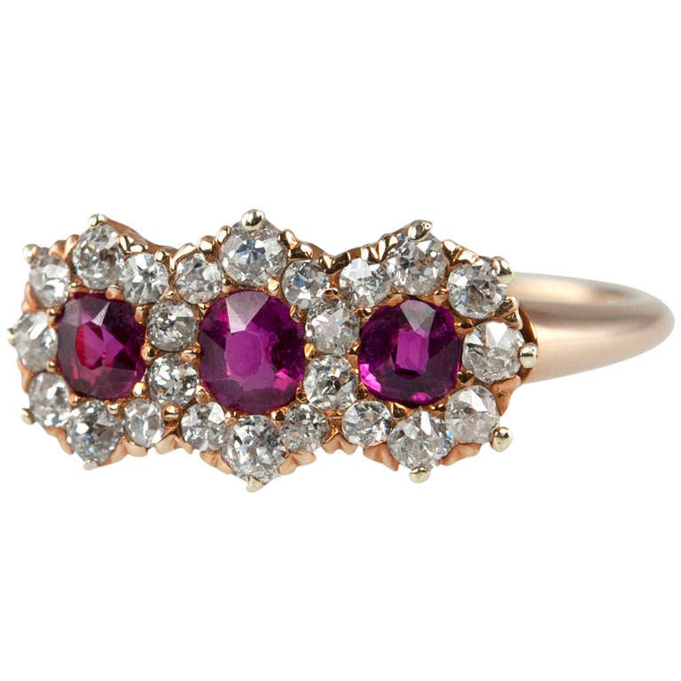 Victorian Ruby and Diamond Three-Stone Cluster Ring at 1stdibs
