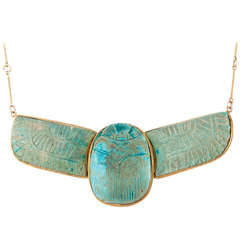 Egyptian Revival Faience Winged Scarab Necklace