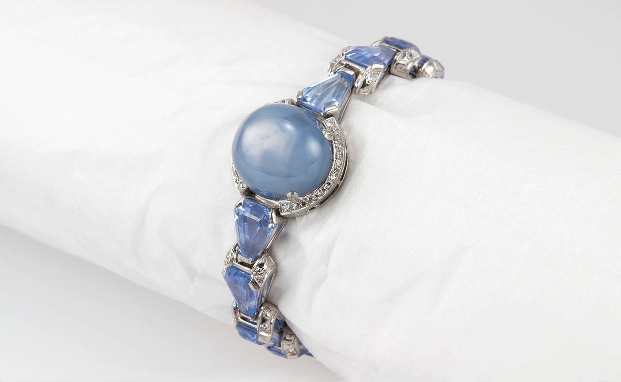 Women's Oscar Heyman Art Deco Sapphire Diamond Platinum Link Bracelet