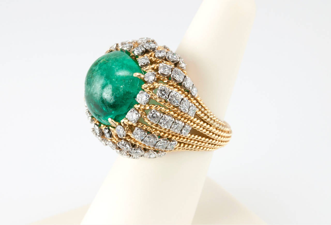 Women's Natural Emerald Cabochon Diamond Gold Cocktail Ring For Sale