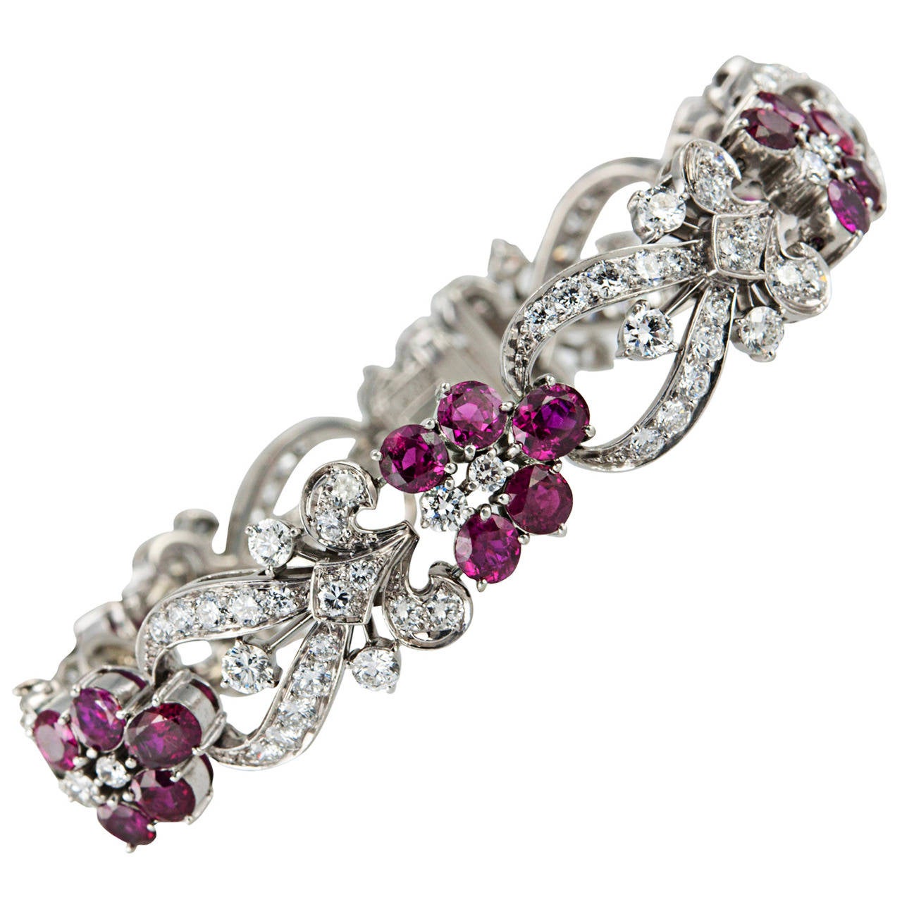 1940s Tiffany & Co. Ruby Diamond Palladium Floral Bracelet For Sale