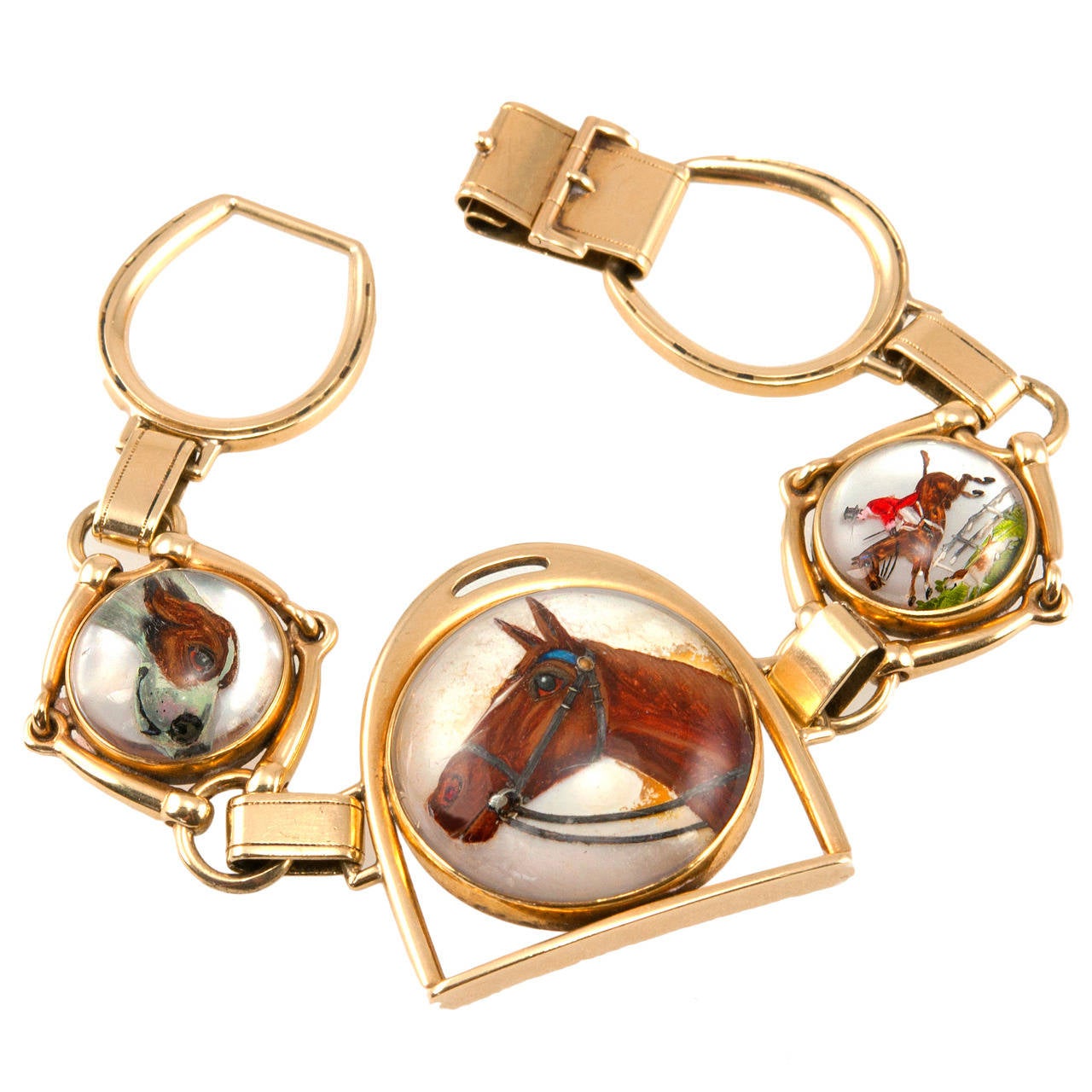 Victorian Equestrian Reverse Crystal Intaglio Gold Bracelet For Sale