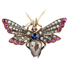 Victorian Ruby Sapphire Diamond Silver Gold Butterfly Necklace