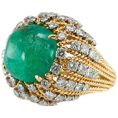 Natural Emerald Cabochon Diamond Gold Cocktail Ring