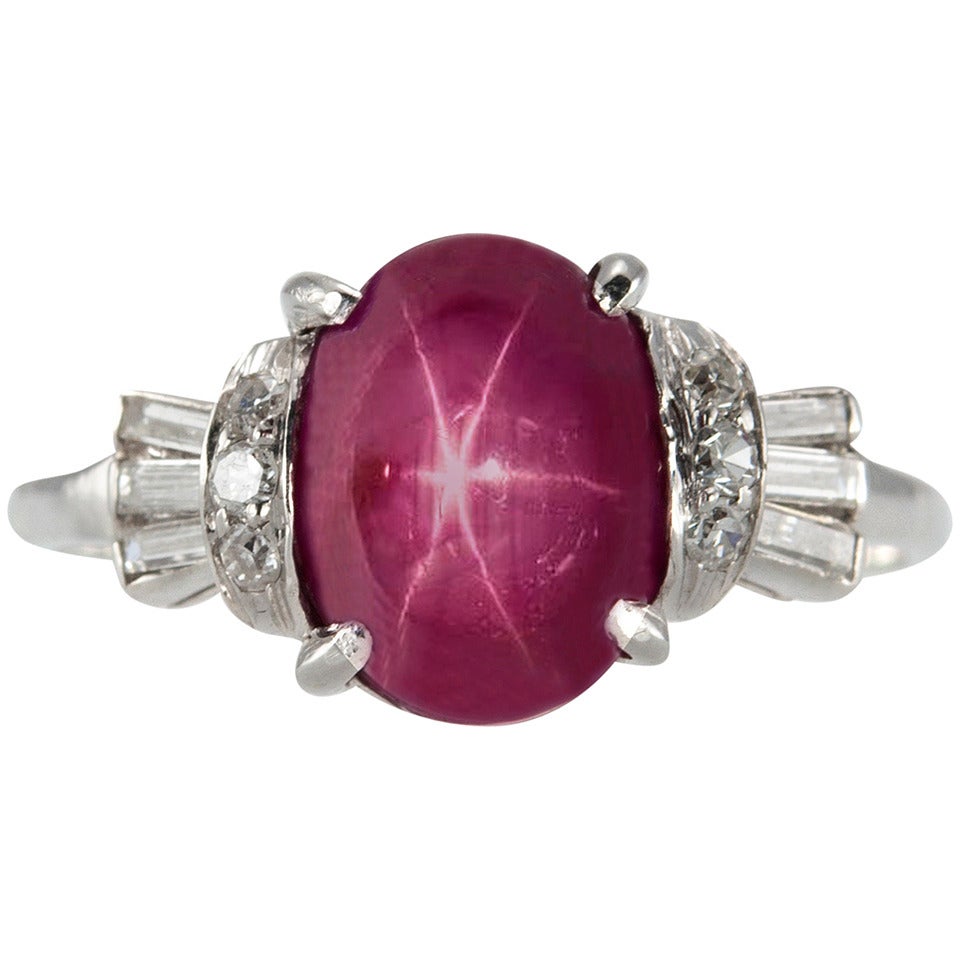 Art Deco Natural Burma Star Ruby Diamond Platinum Ring For Sale at 1stdibs